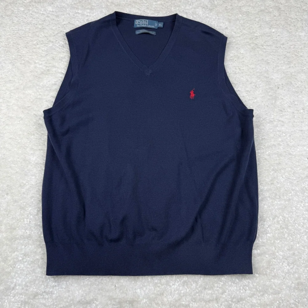 Polo Ralph Lauren Sweater Vest Men XL Navy Blue Pima Cotton V-Neck Pony Logo